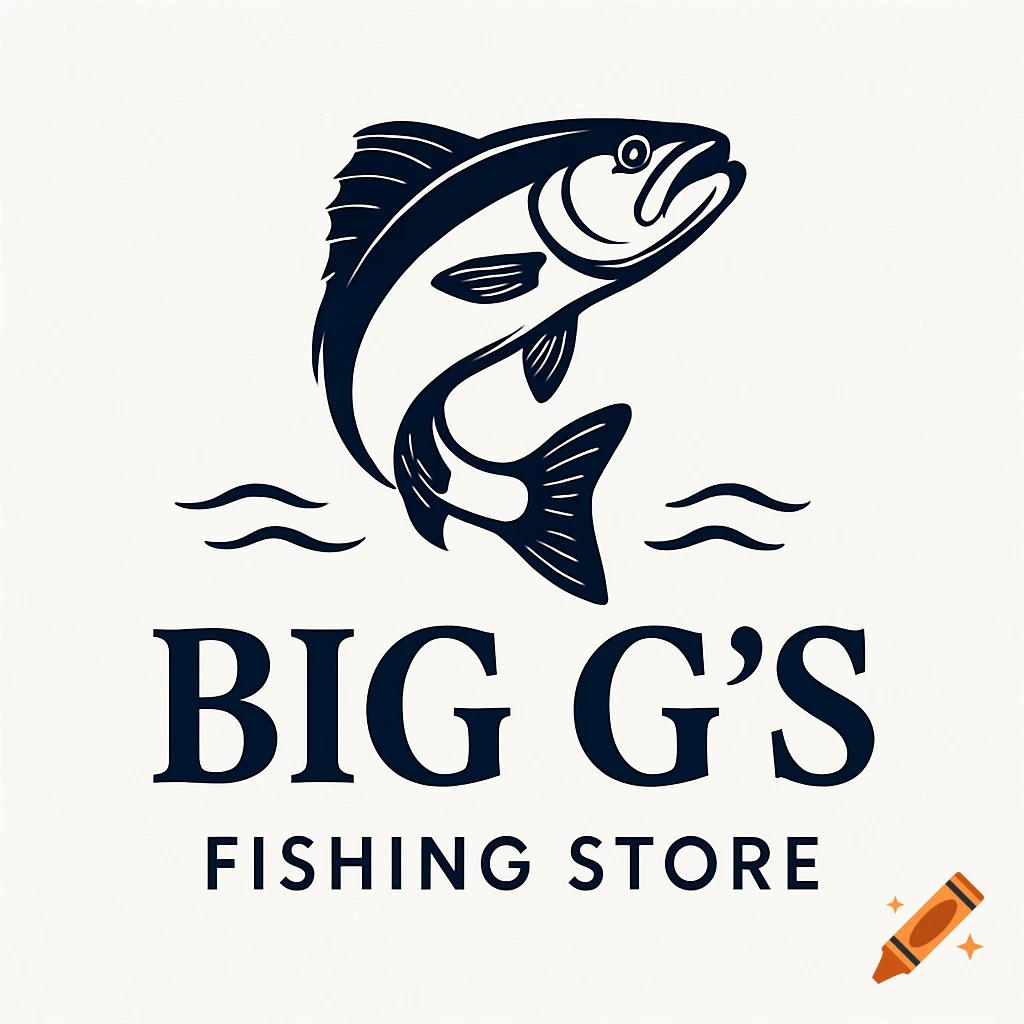 A stylized black and white logo for 'Big G's Fishing Store' featuring a jumping fish above the text.