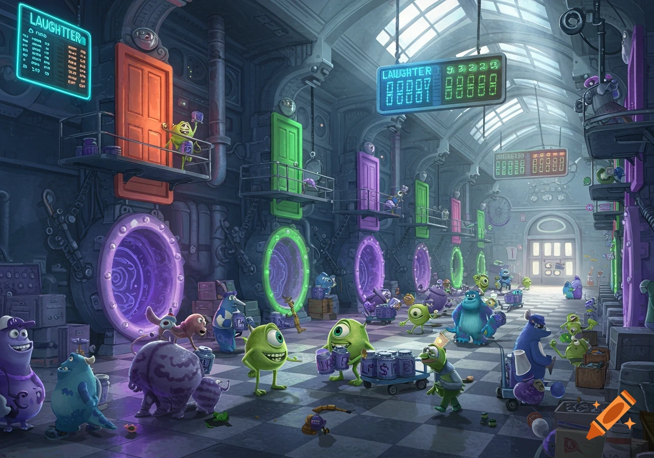 Animated scene of a busy Monsters Inc. factory floor with various monsters collecting laughter in canisters and managing colorful doors.
