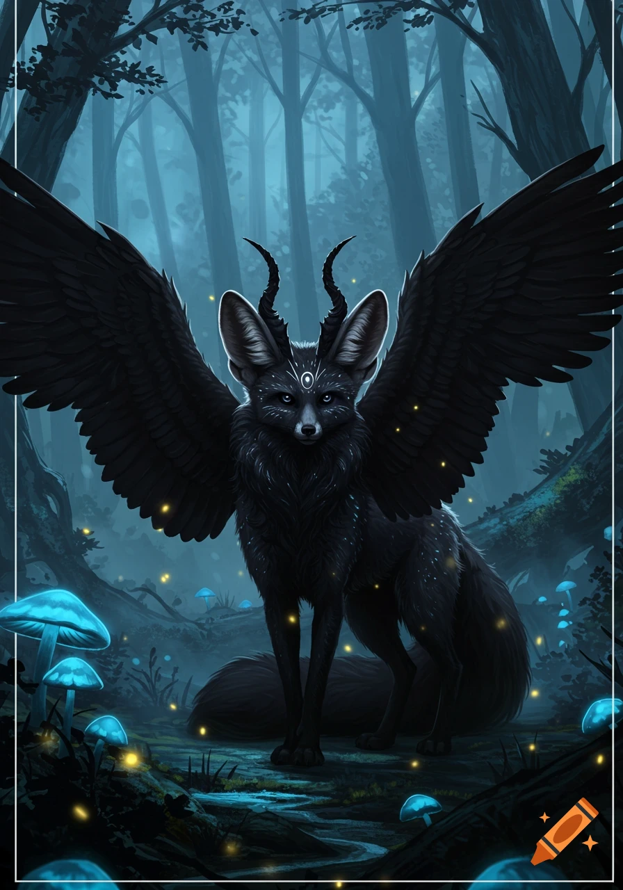 A dark, horned fox with large black wings stands in a mystical, glowing blue forest with luminous mushrooms.