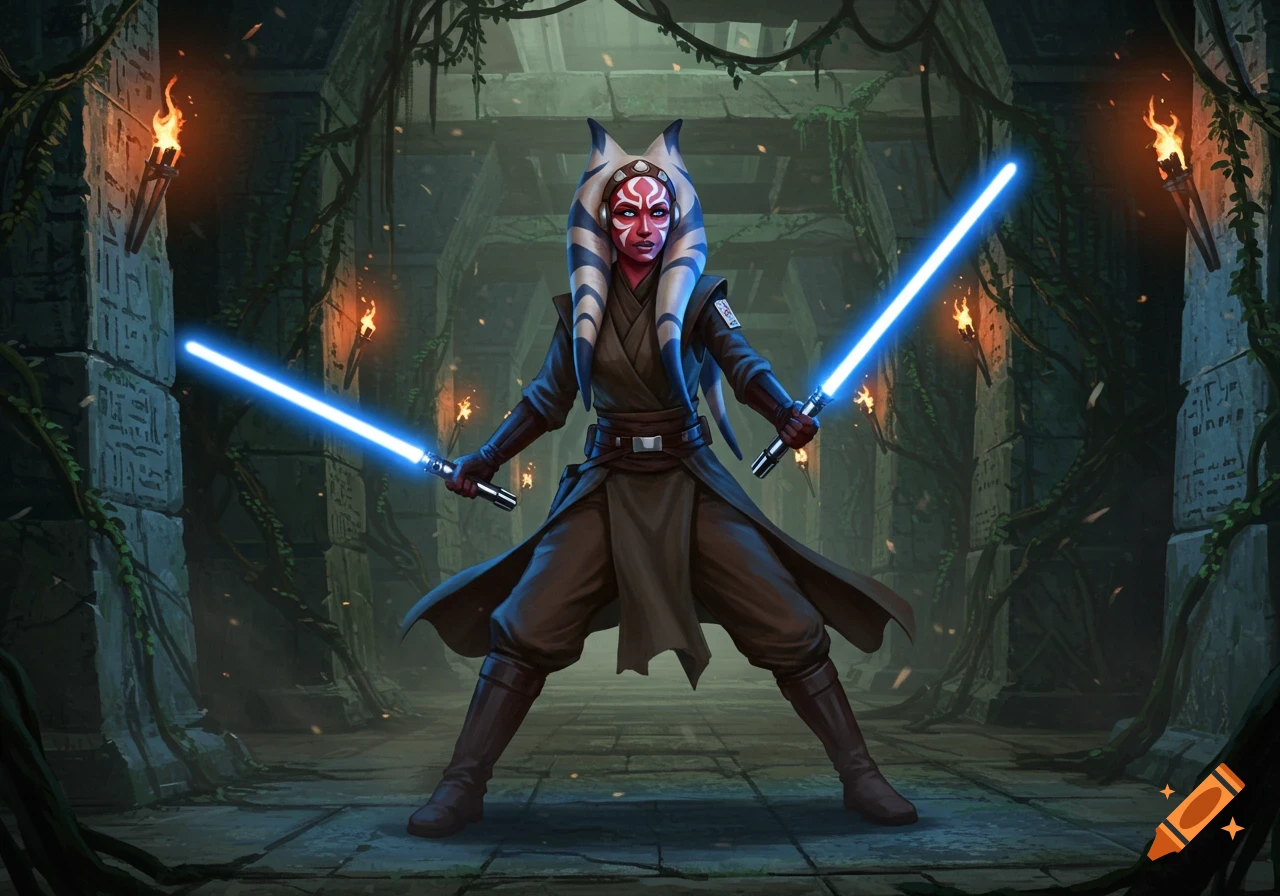 A Togruta Jedi, Ahsoka Tano, stands ready for battle, holding two glowing blue lightsabers in an ancient, vine-covered temple.