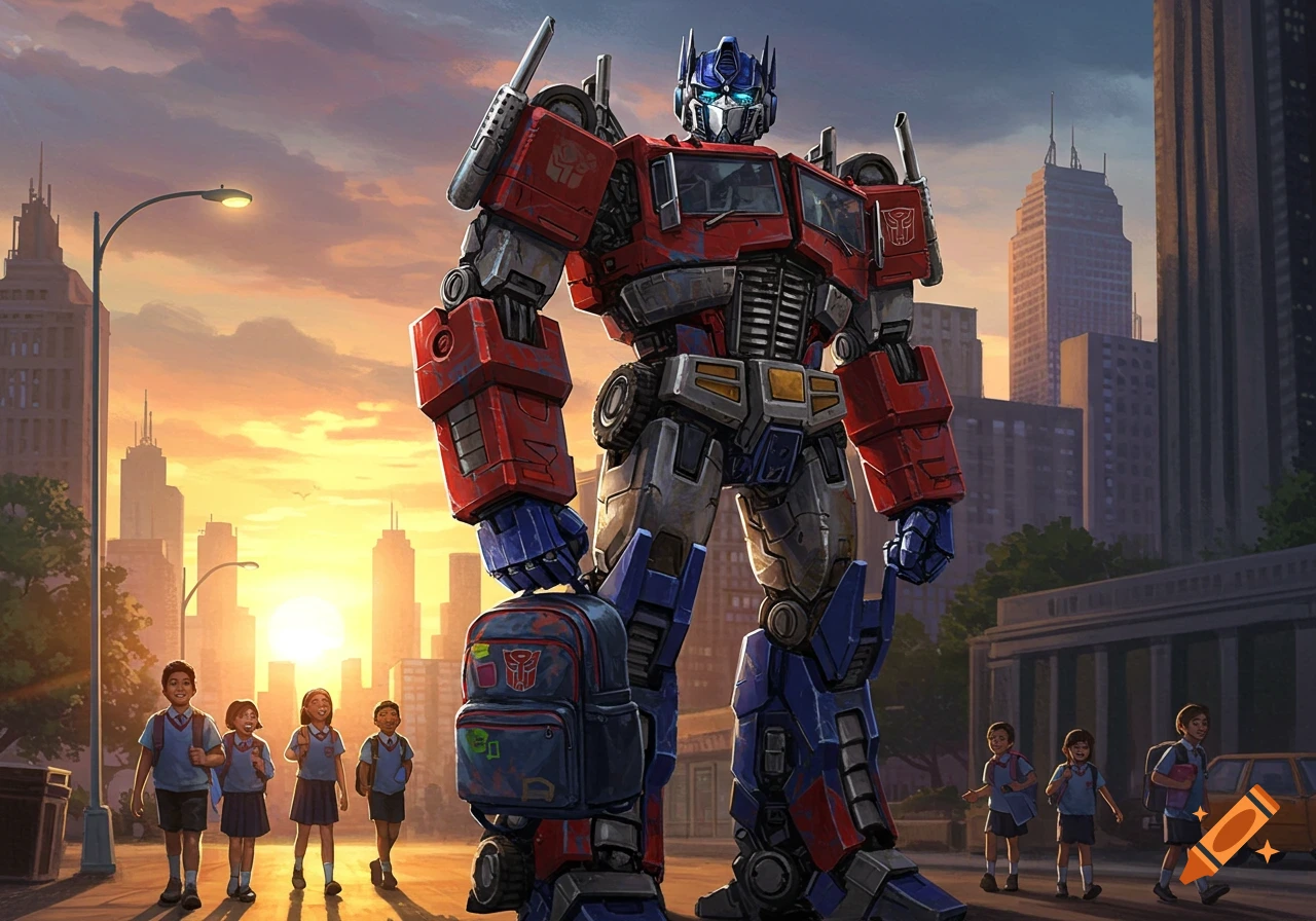 Giant Optimus Prime holding a school backpack, walking alongside children on a city street at sunset, in a digital illustration.