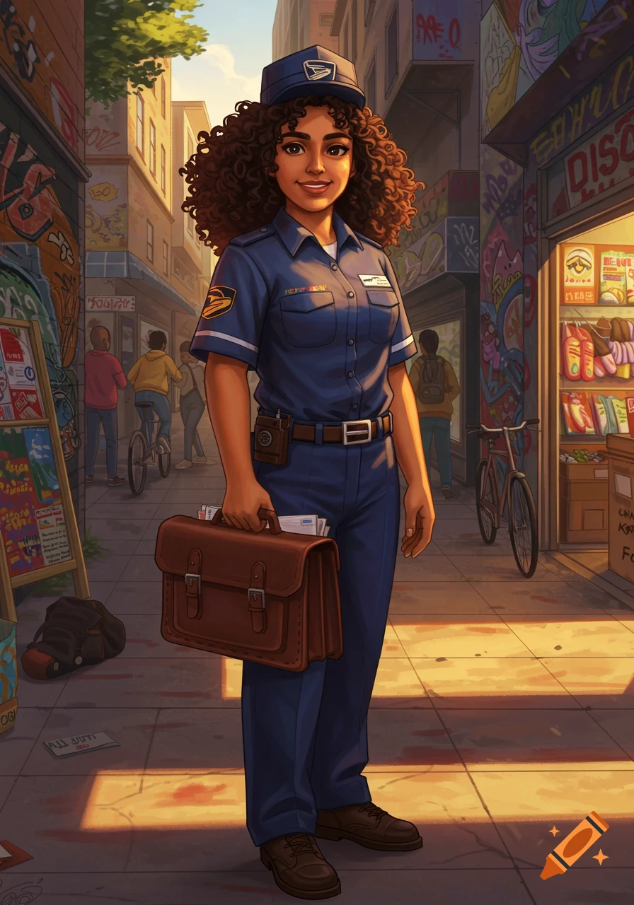 A Latina postal worker with curly brown hair stands on a city street lined with graffiti-covered buildings and a newspaper stand, holding a brown satchel.
