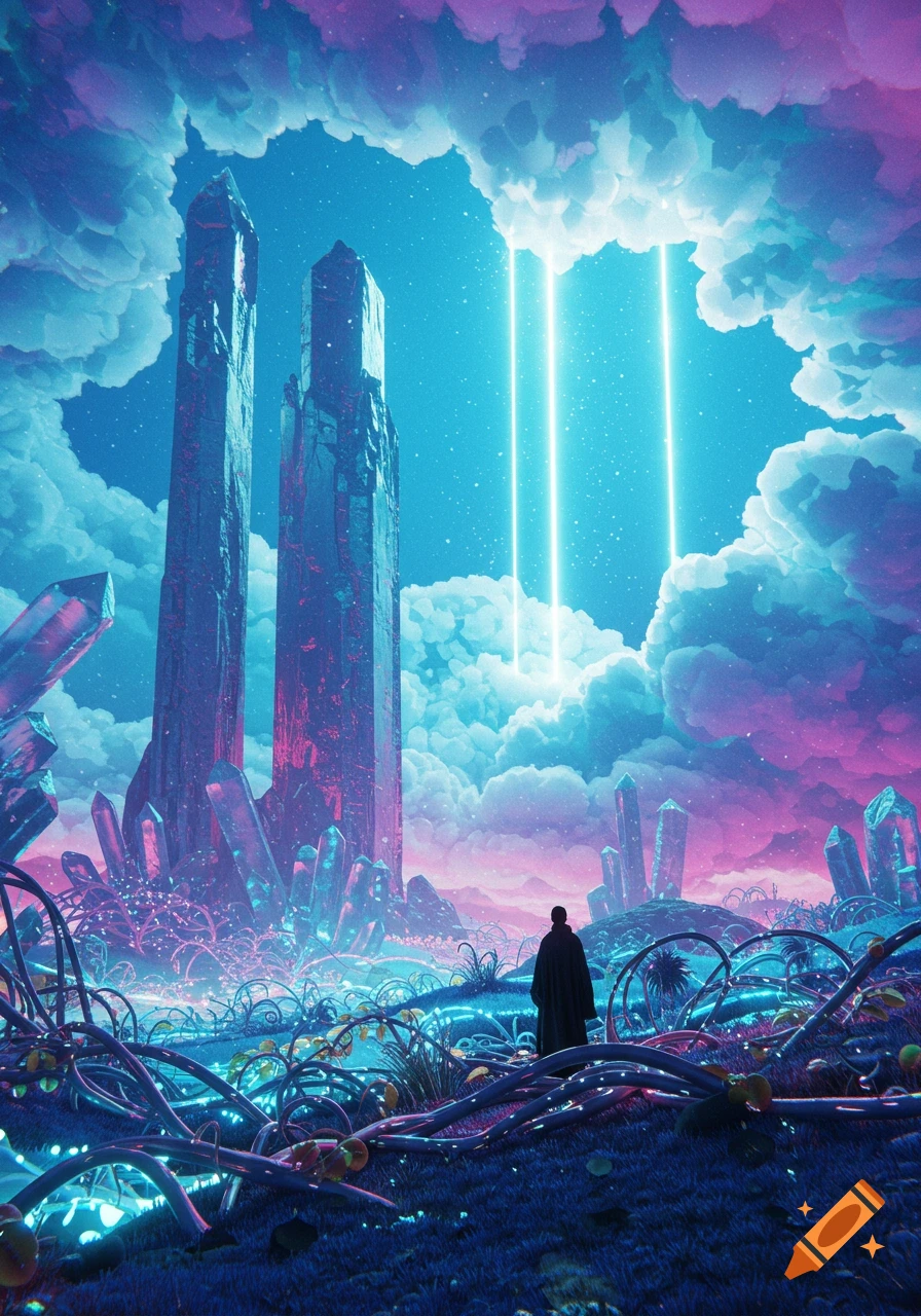 A lone figure overlooks a vibrant alien landscape with towering crystals, glowing plants, and light beams from a colorful sky.