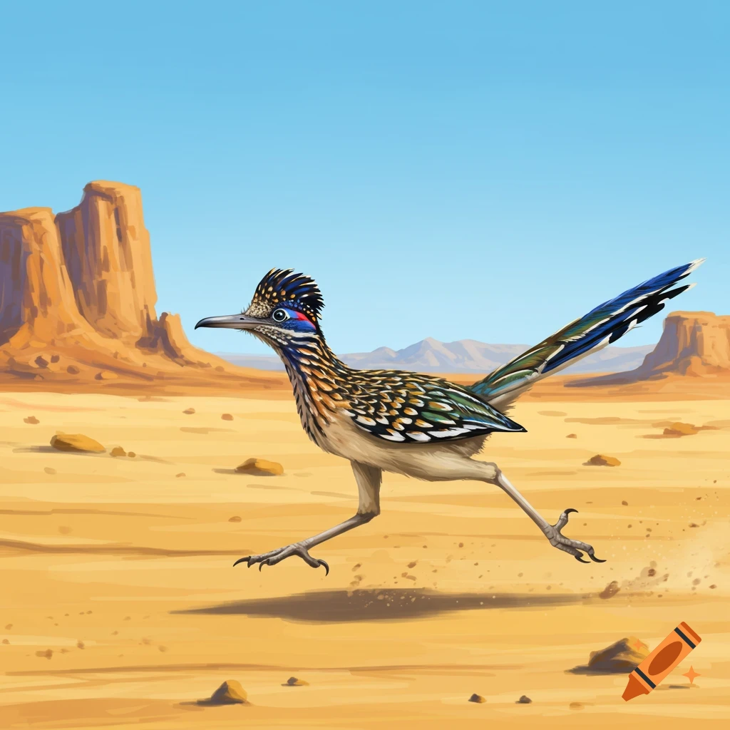 A cartoon roadrunner runs across a desert landscape with mesas in the background.