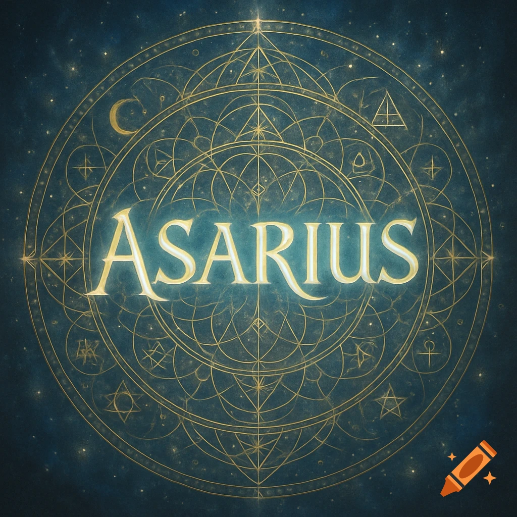 The word ASARIUS in a glowing, ornate font, centered within a golden sacred geometric symbol against a starry dark blue background.
