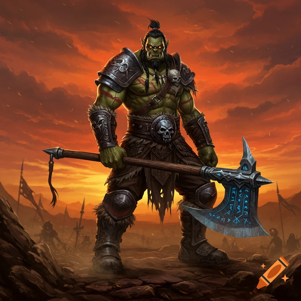 A muscular green orc barbarian with a beard and top knot stands on a battlefield at sunset, holding a large axe with glowing blue runes. Fantasy art style.