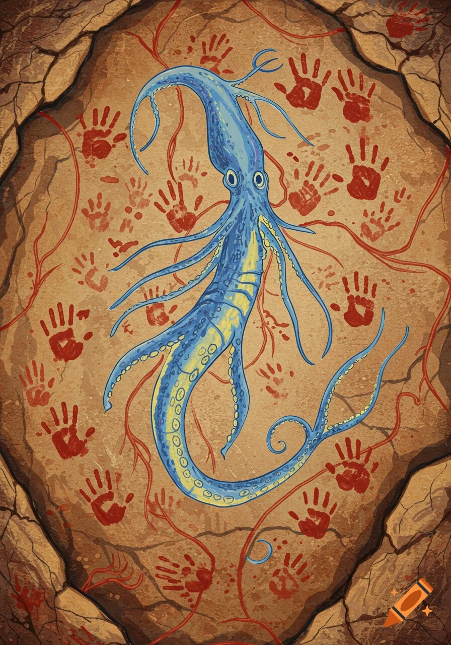A blue, fantastical squid-like creature on a brown cave wall, surrounded by red handprints and winding red lines, in a cave painting style.