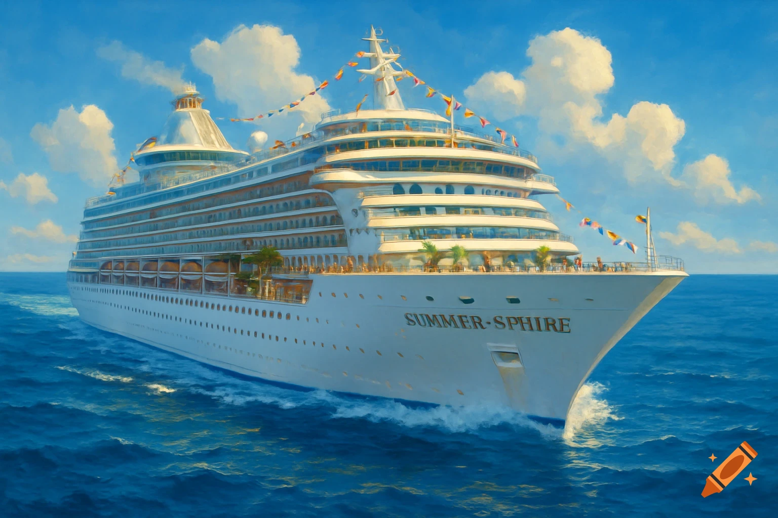 A large white cruise ship with the name "Summer-Sphire" on its bow, sailing through blue water under a bright sky with white clouds. The image has a painterly style.