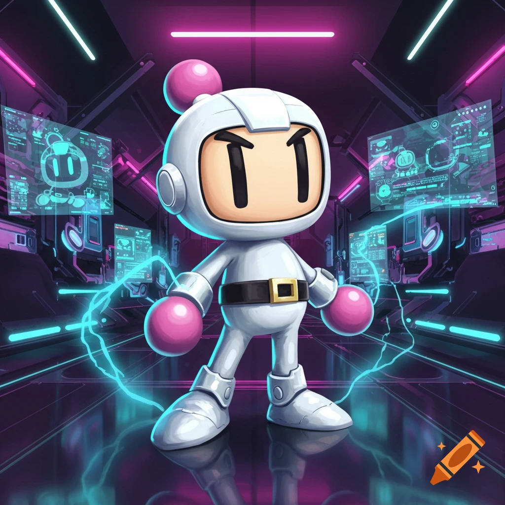 A white Bomberman character stands in a neon-lit futuristic room with holographic screens displaying data.