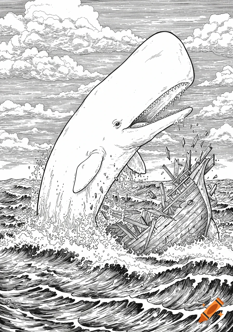Black and white outline drawing of a white sperm whale emerging from the ocean, snapping a wooden ship in two amidst crashing waves.