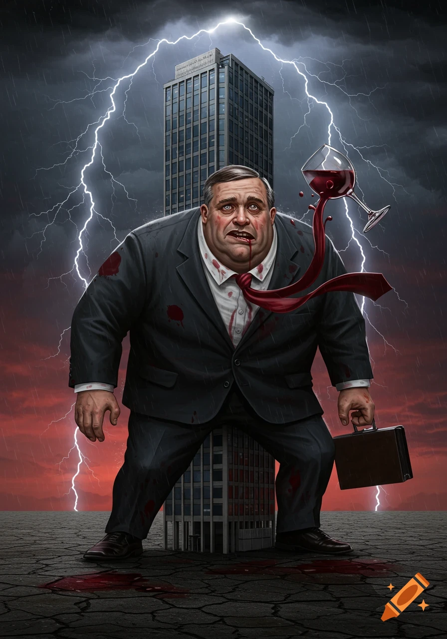 An illustration of a large businessman in a suit, covered in spilled red wine or blood, standing with a briefcase against a skyscraper backdrop with lightning and a stormy red sky.