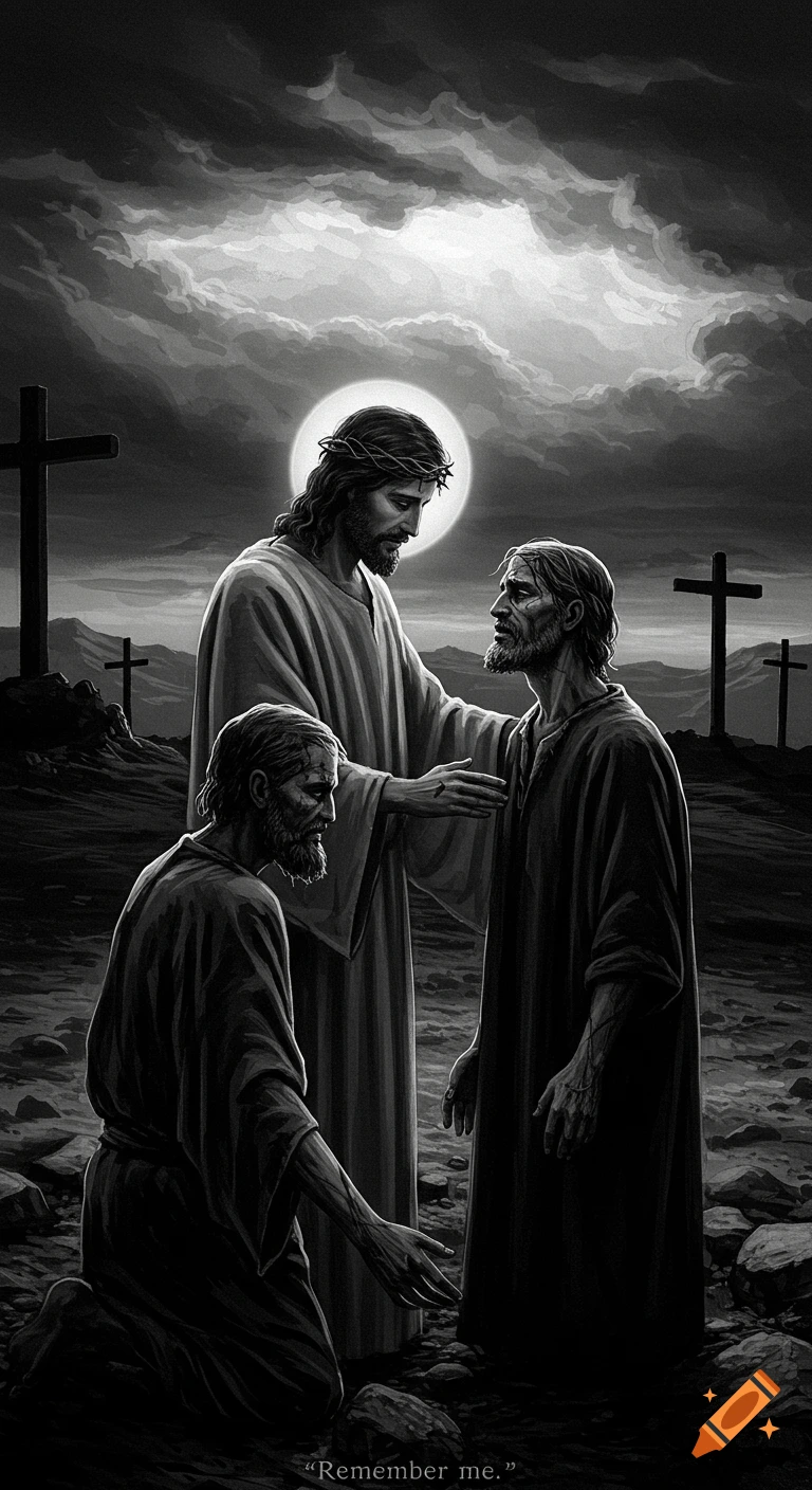 Monochrome drawing of Jesus with a halo touching one man, while another man kneels. Crosses stand on a rocky hill under a dark, cloudy sky.