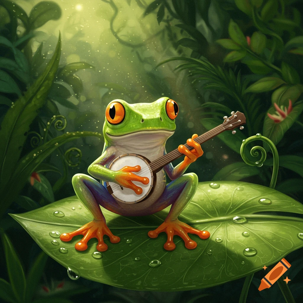 A whimsical green tree frog with orange eyes sits on a large leaf, playing a banjo in a lush, sunlit jungle.