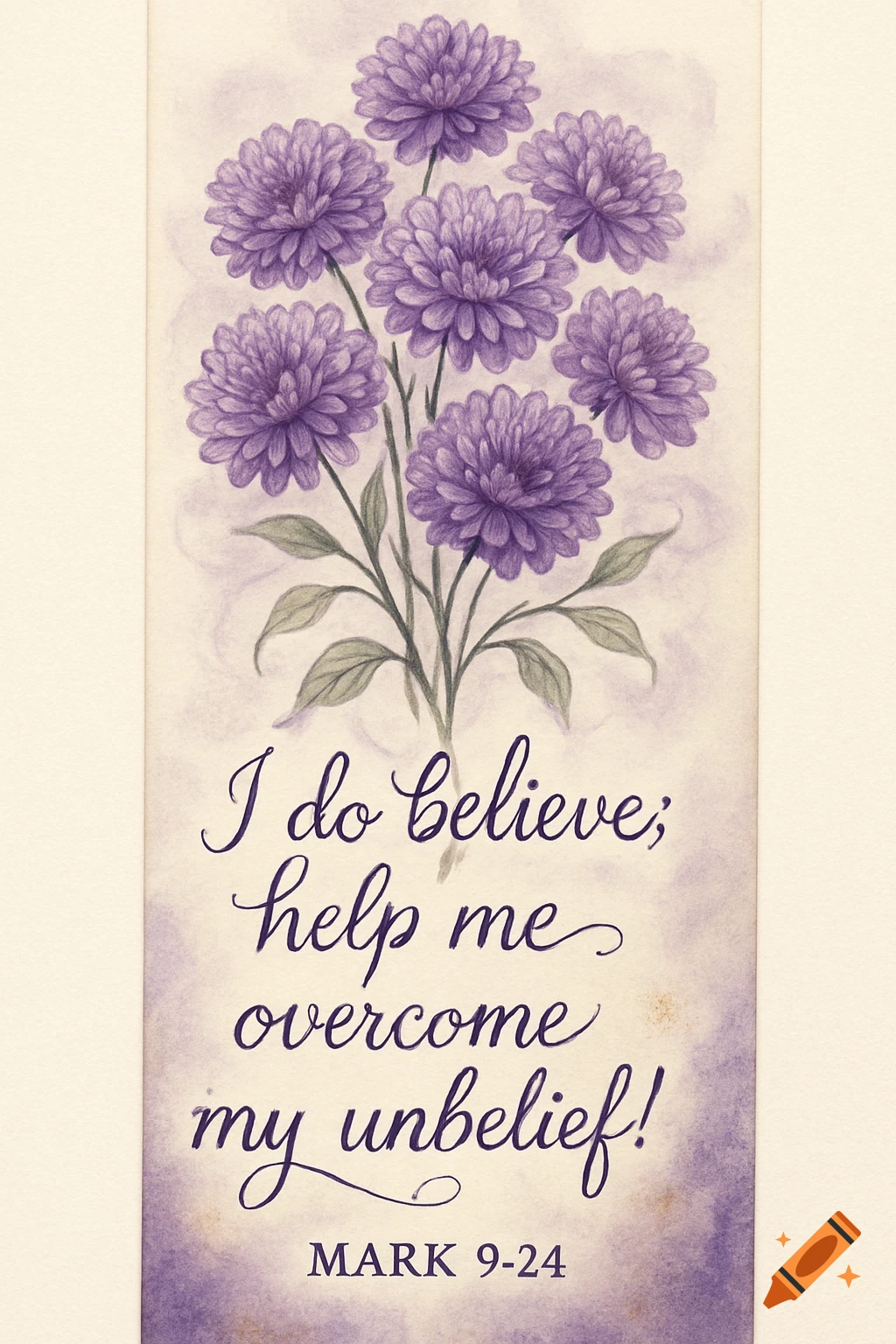 Watercolor illustration of a purple flower bouquet on a bookmark with a Bible verse.