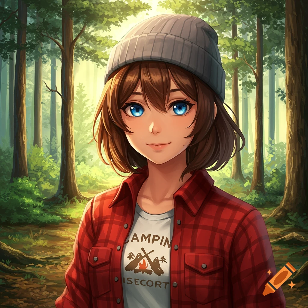 Anime girl with brown hair and blue eyes wearing a beanie and red plaid shirt in a forest.