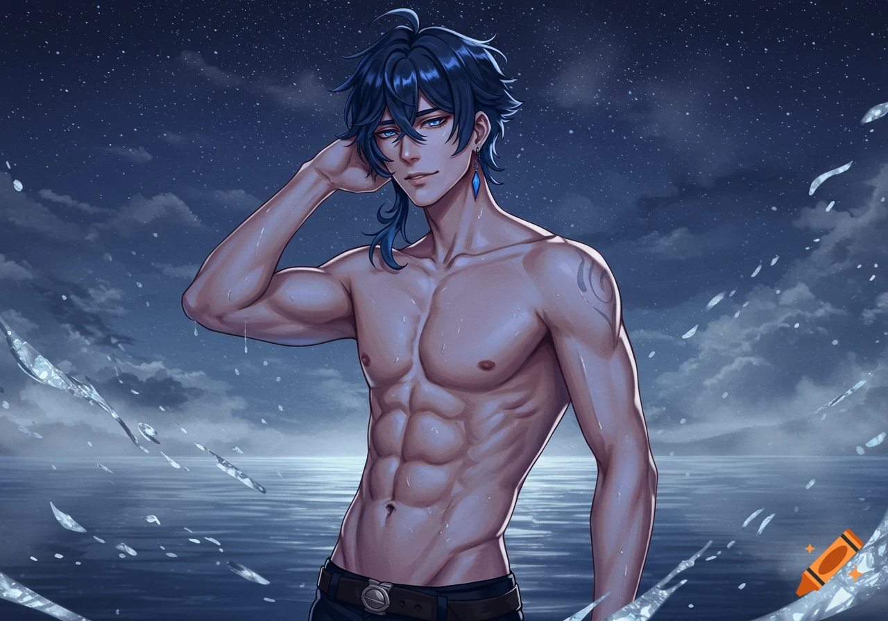An anime man with dark blue hair and blue eyes stands shirtless in the ocean at night, under a starry sky.