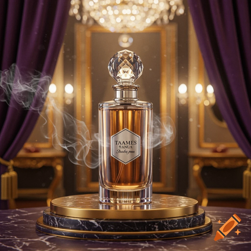 A luxurious perfume bottle with a crystal stopper on a marble pedestal, surrounded by purple drapes and a chandelier.