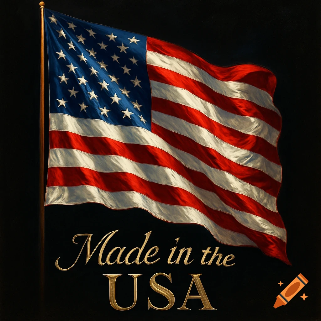 A vibrant American flag with 50 stars and red and white stripes waves slightly against a black background, with 'Made in the USA' text below it.