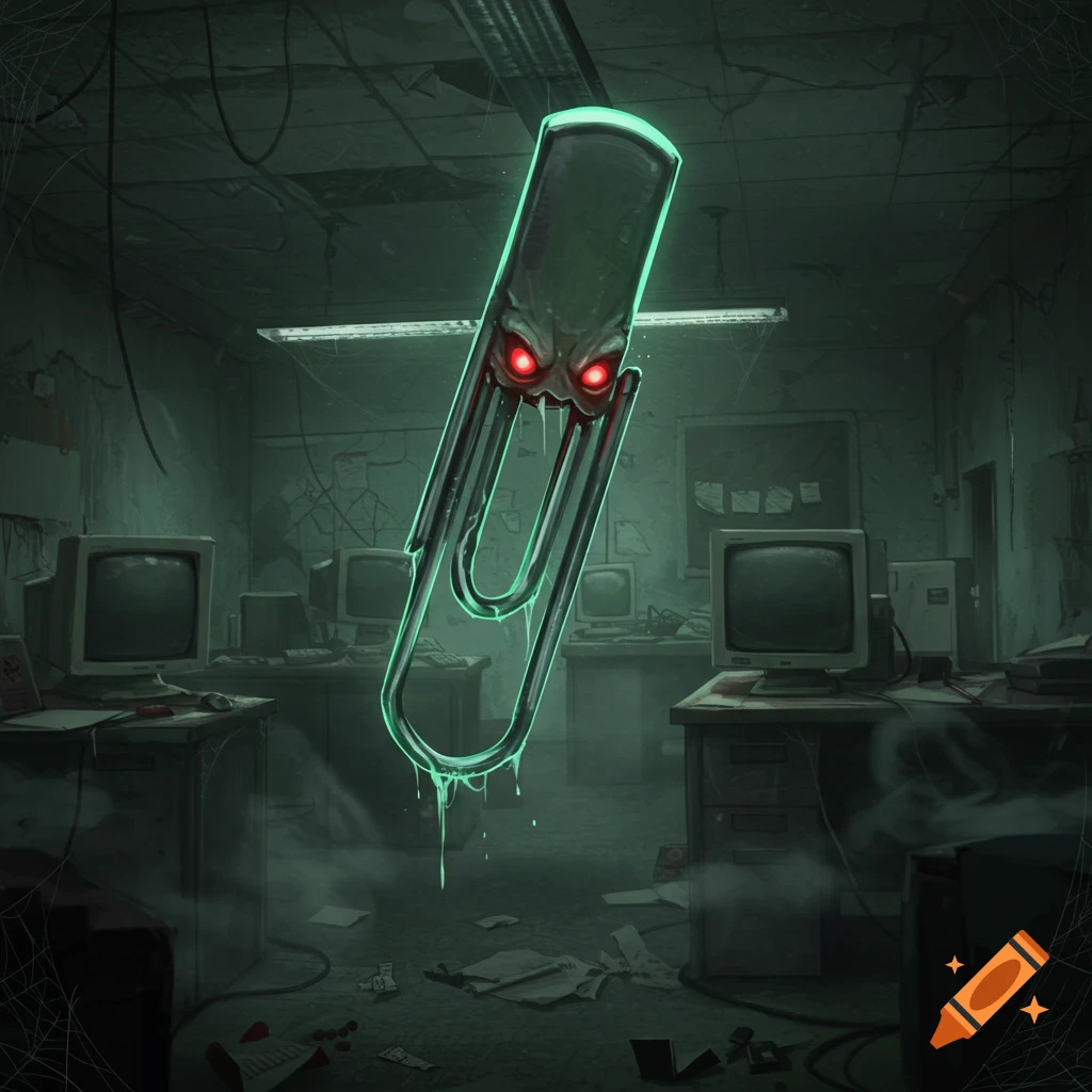 A monstrous, glowing green paperclip with red eyes and sharp teeth floats menacingly in a dark, abandoned office filled with old computer monitors.