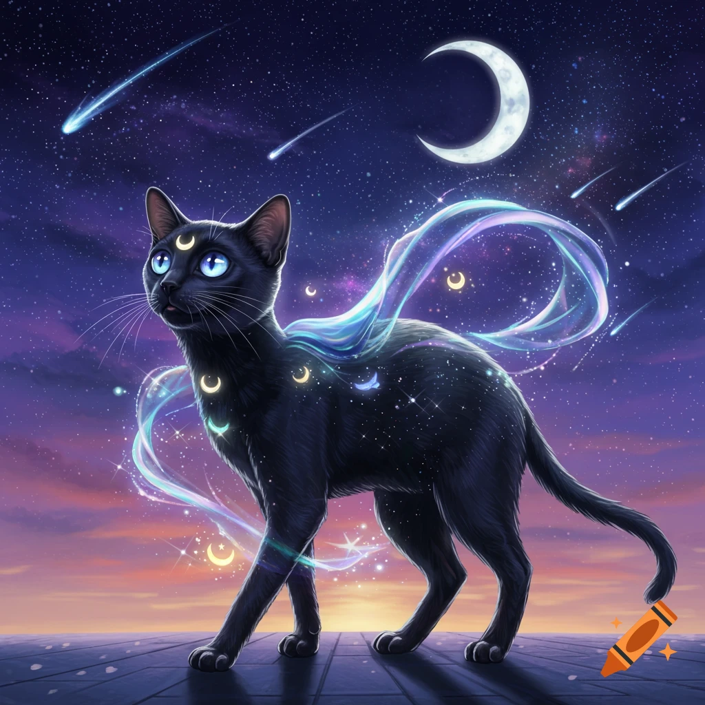 A black cat with blue eyes and crescent moon markings stands under a starry night sky with a large moon and shooting stars, with a magical aura.