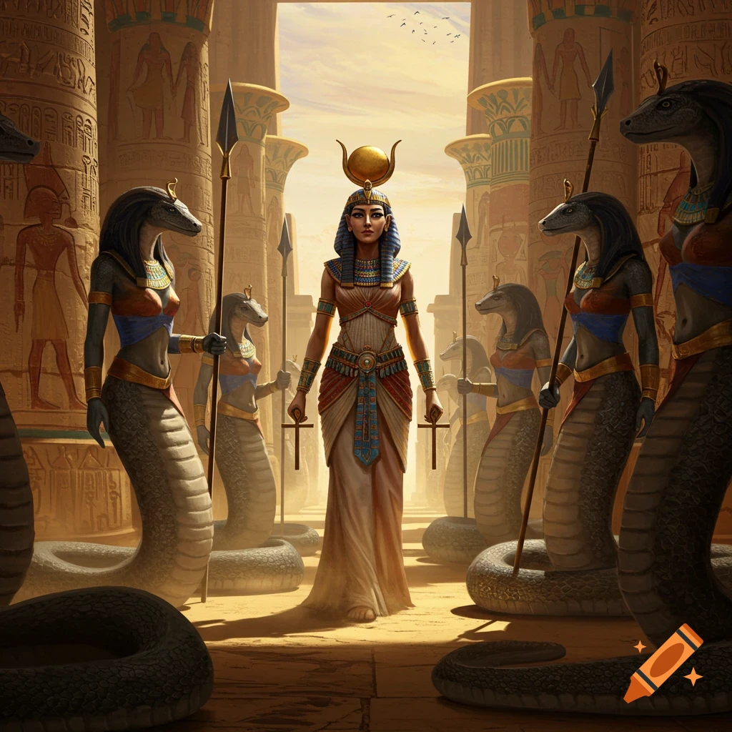 An Egyptian queen stands in a grand temple, flanked by her army of armored female nagas holding spears.
