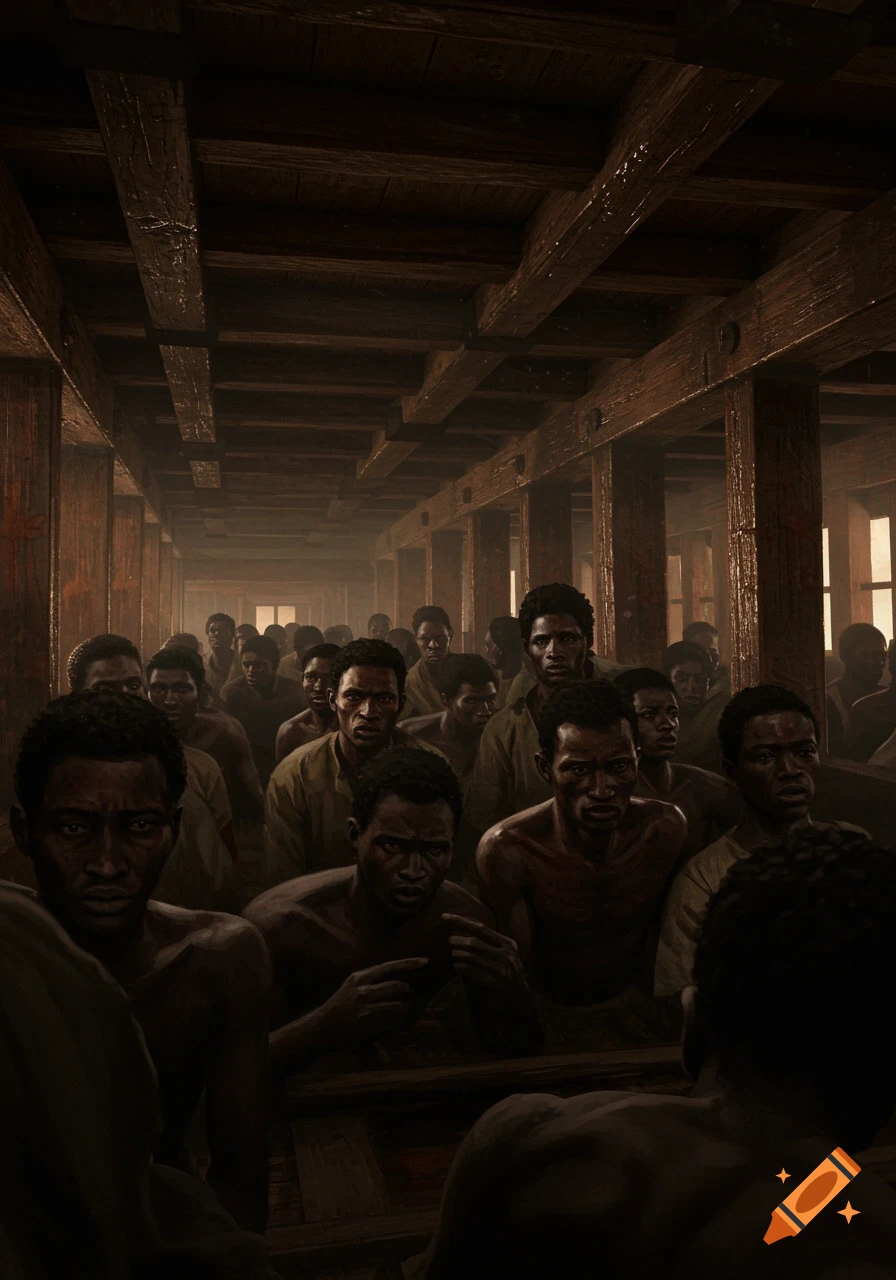 A dimly lit, close-up view inside a wooden slave ship hold, showing many solemn men, appearing to be African, in cramped conditions.