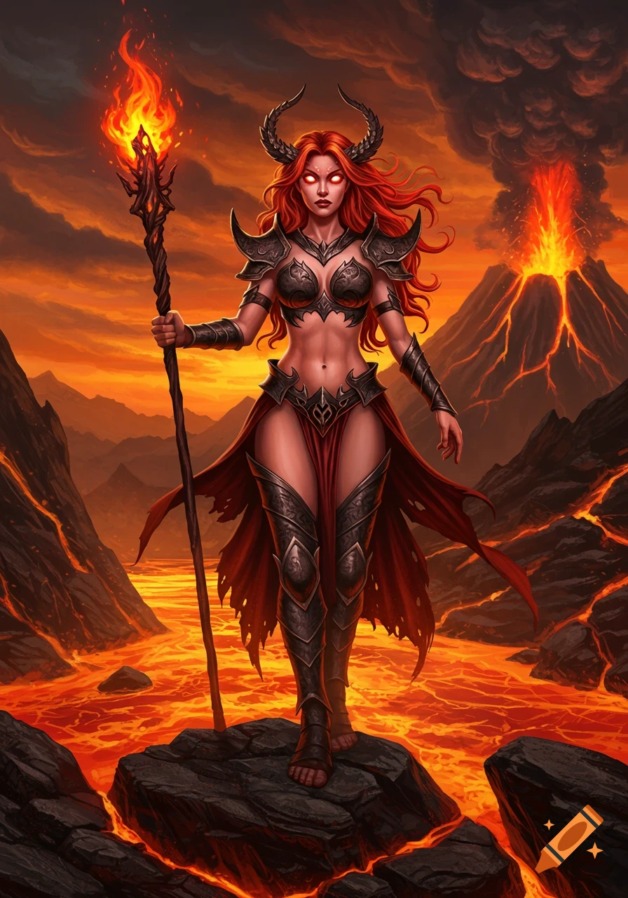 A red-haired fantasy goddess with horns and glowing eyes, wearing dark armor, stands on a rock in a lava river, holding a flaming staff, with an erupting volcano in the background.