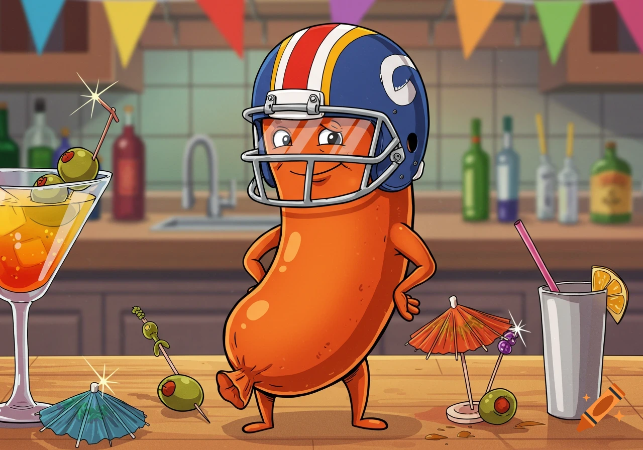 A cartoon hot dog wearing a blue football helmet with a C emblem, standing on a bar counter next to drinks and cocktail umbrellas.