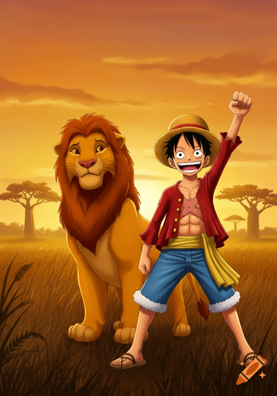 Luffy from One Piece stands next to a lion resembling Simba in a golden savanna at sunset, cartoon style.