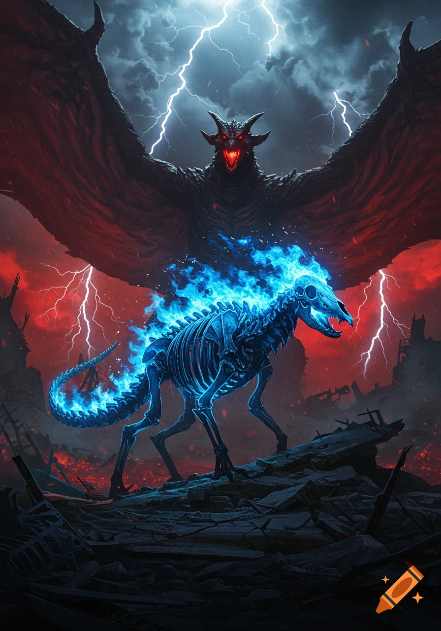 A winged monster with red eyes looms over a blue flaming skeletal creature in a lightning-filled, ruined landscape.