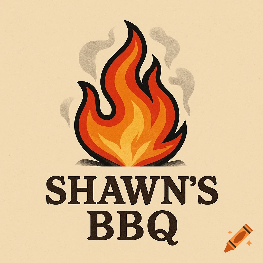 A stylized logo featuring a vibrant orange and red flame with smoke, above the text 'SHAWN'S BBQ' in a bold, dark brown serif font on a light beige background with a subtle textured effect.