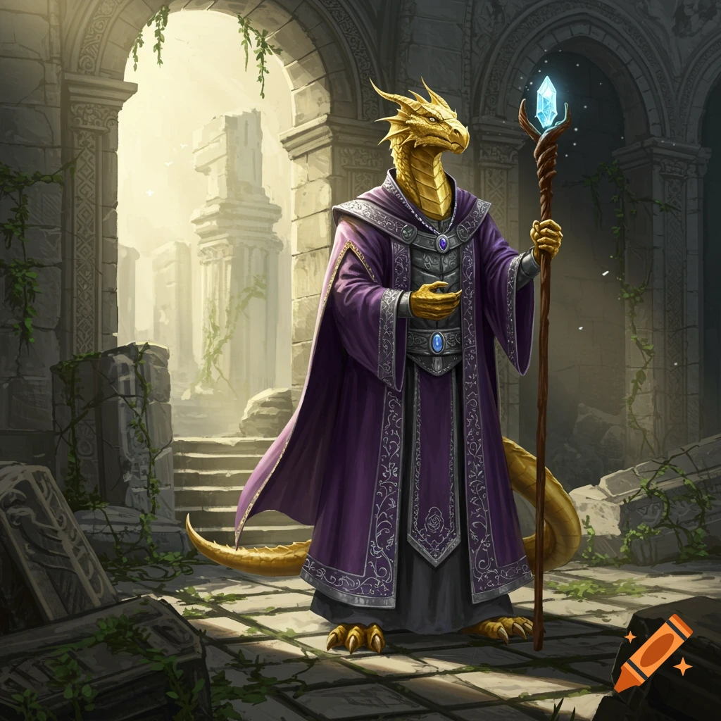 A golden dragonborn in purple robes stands holding a staff with a blue crystal in ancient stone ruins.