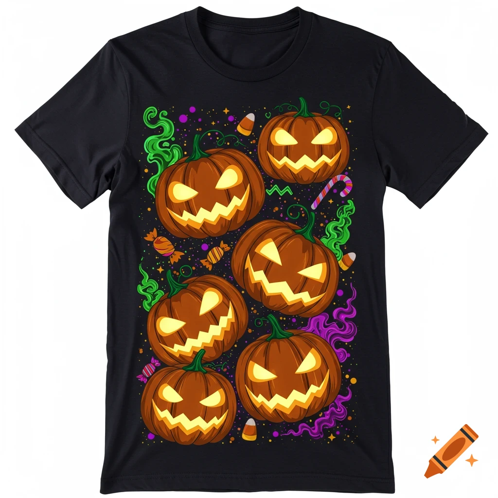 A black t-shirt with a vibrant Halloween design featuring multiple glowing jack-o'-lanterns, candies, and colorful smoke.
