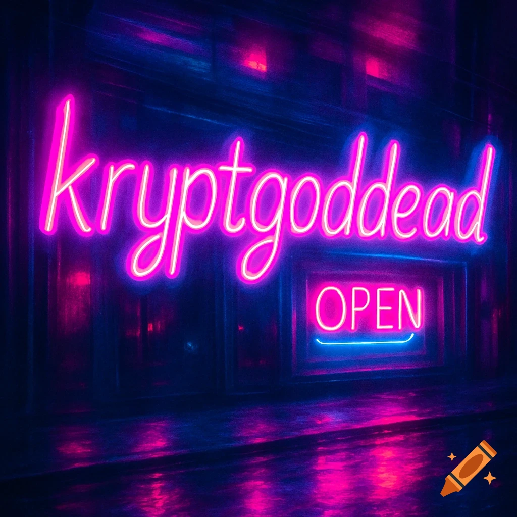 A bright pink and blue neon sign reads "kryptgoddead" above a smaller "OPEN" sign, set in a dark, reflective, futuristic-looking environment.
