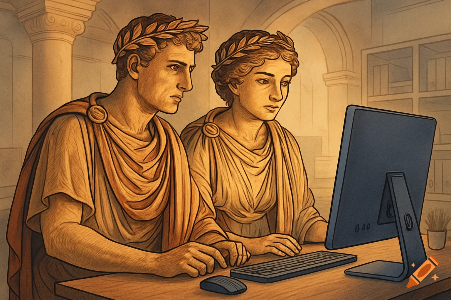 An ancient Roman man and woman in togas and laurel wreaths intently view a modern computer screen in an illustrative style.