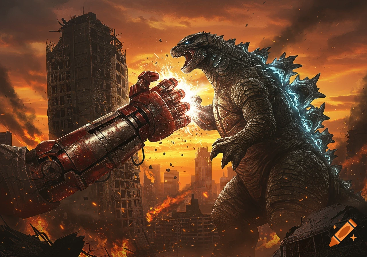 A giant robot arm clashes with Godzilla in a destroyed city under an orange, smoke-filled sky.