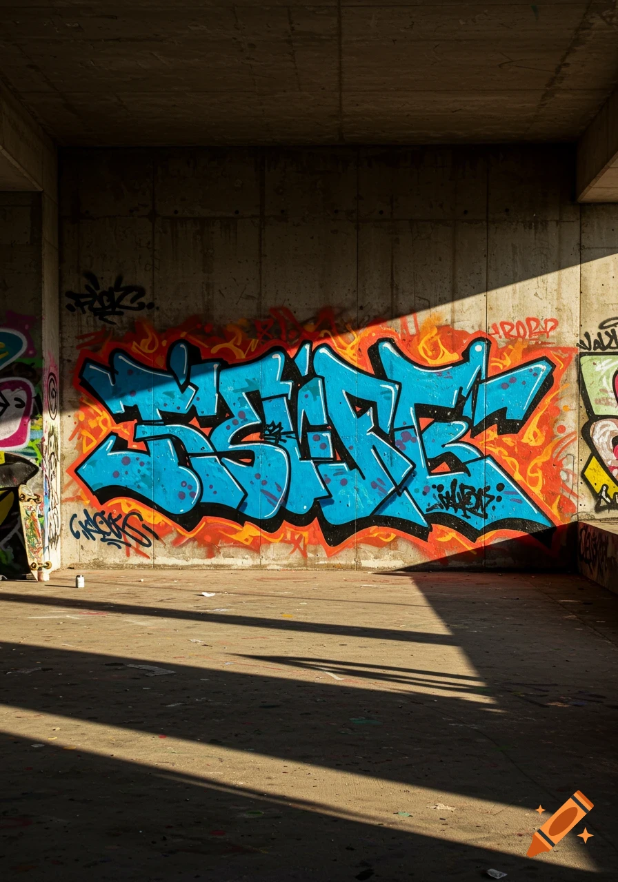 A vibrant blue and orange graffiti mural on a concrete wall, illuminated by sunlight creating dramatic shadows on the floor of an urban underpass.