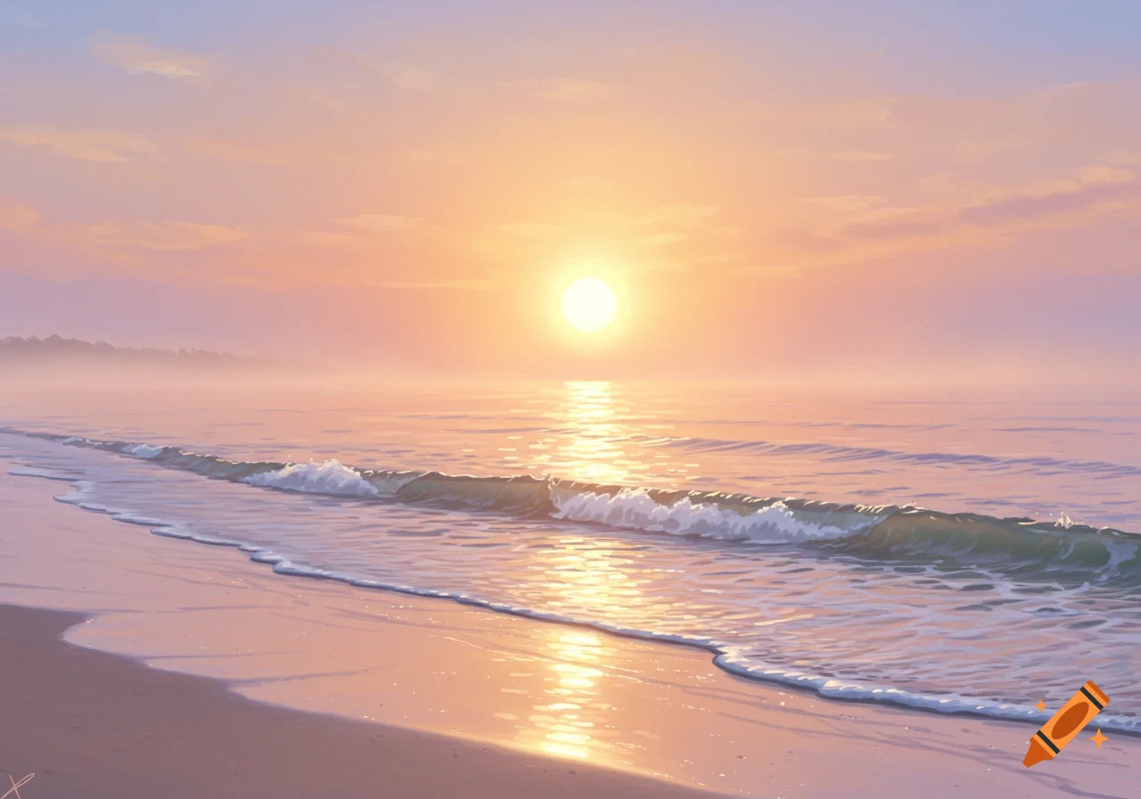 A serene beach at sunrise or sunset with gentle waves, golden sunlight reflecting on the water and sand.