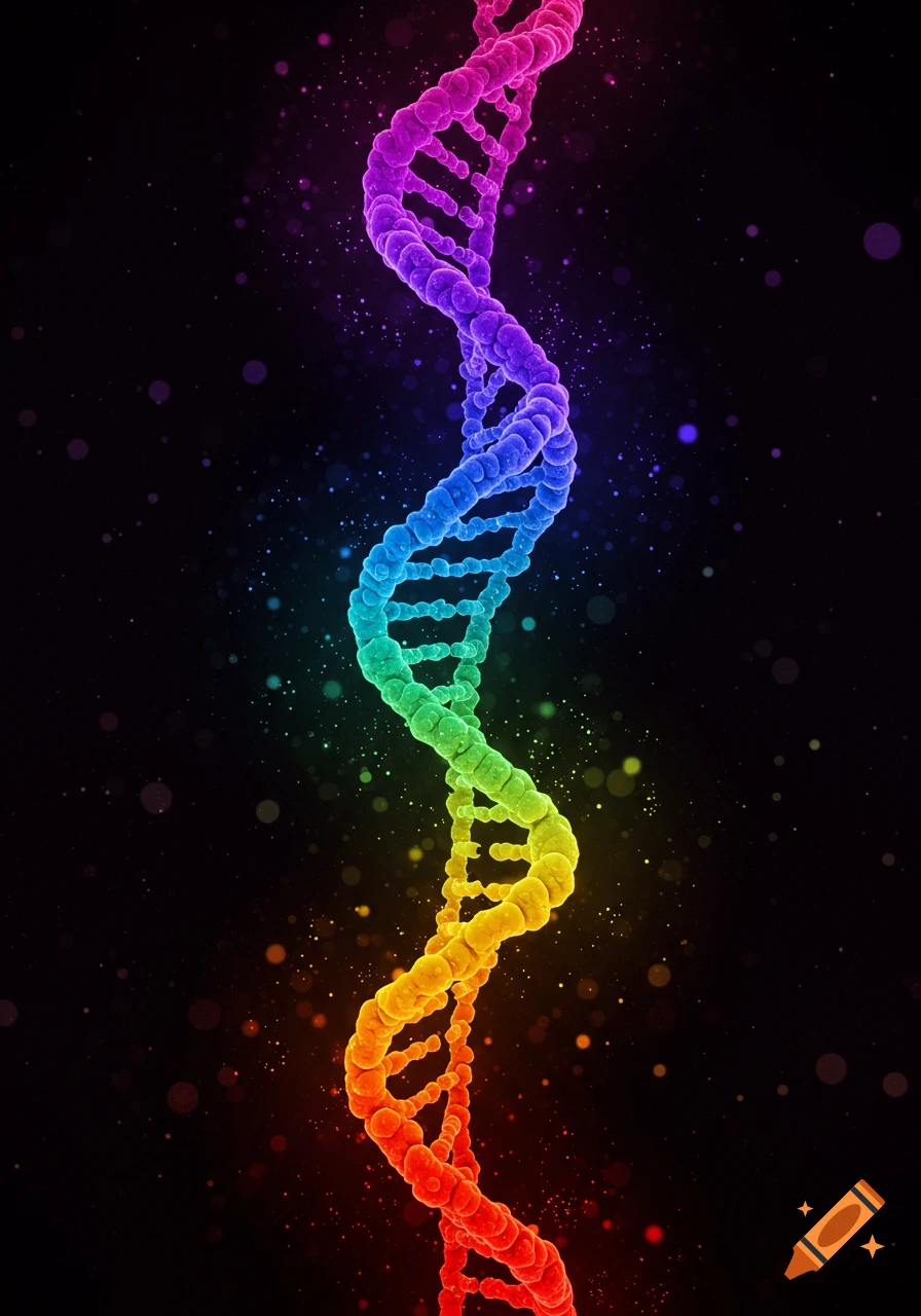 A vibrant, rainbow-colored DNA strand glows against a dark, speckled background.