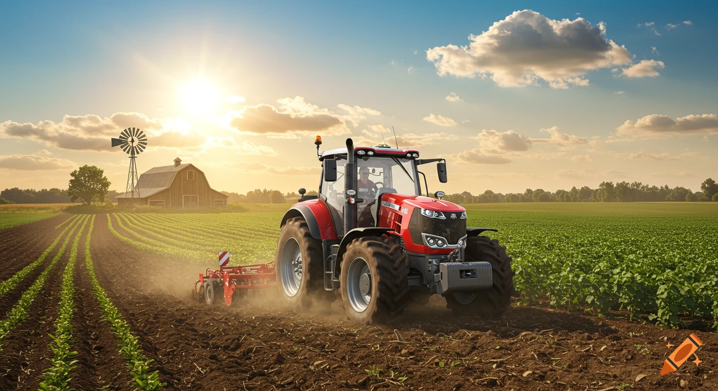 Photorealistic image of a red tractor plowing a field under a sunset sky, with a barn and windmill in the background.