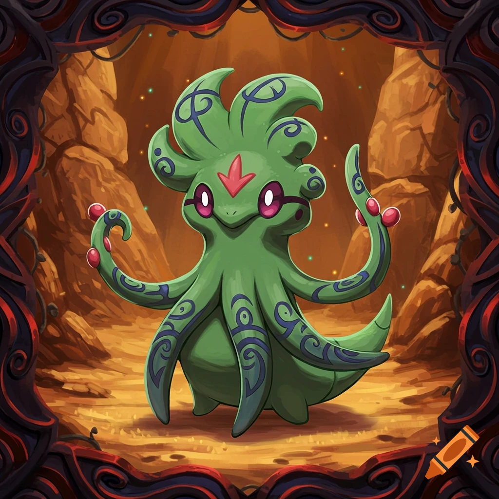 A vibrant, tribal-style green creature resembling Toedscool with tentacle arms and patterns, in a cave-like setting with an ornate frame.