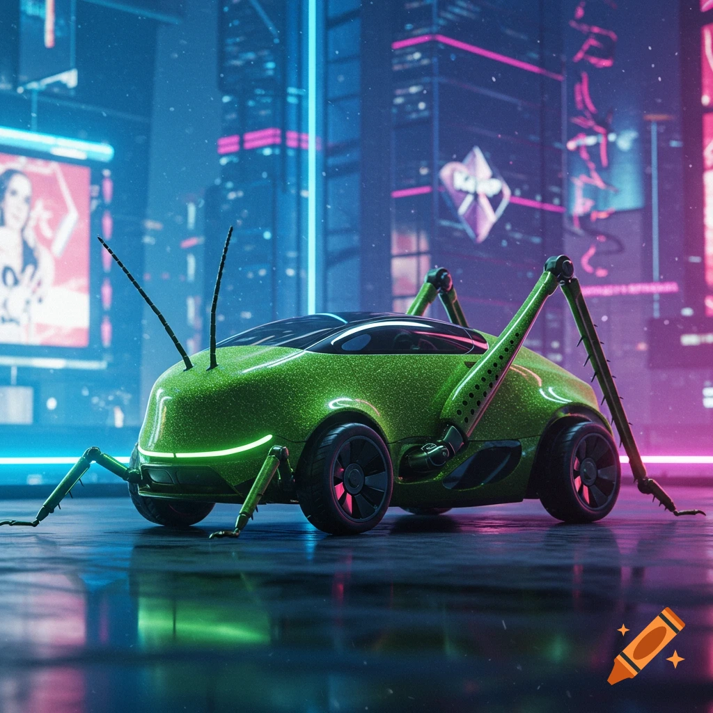 A neon green, grasshopper-like concept car with long legs and antennas in a vibrant cyberpunk city at night.