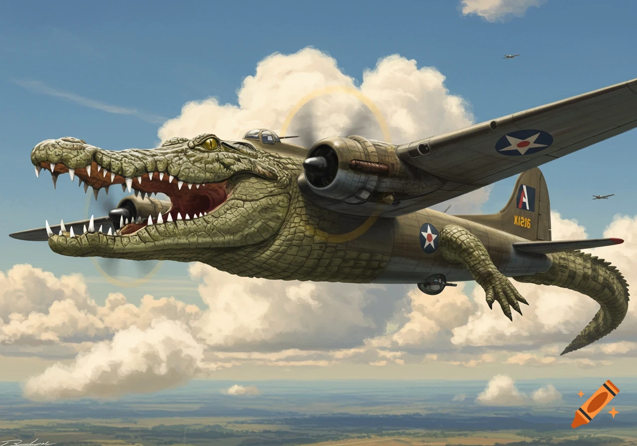 Fantasy illustration of a military bomber plane with a crocodile head and tail flying through a cloudy sky.