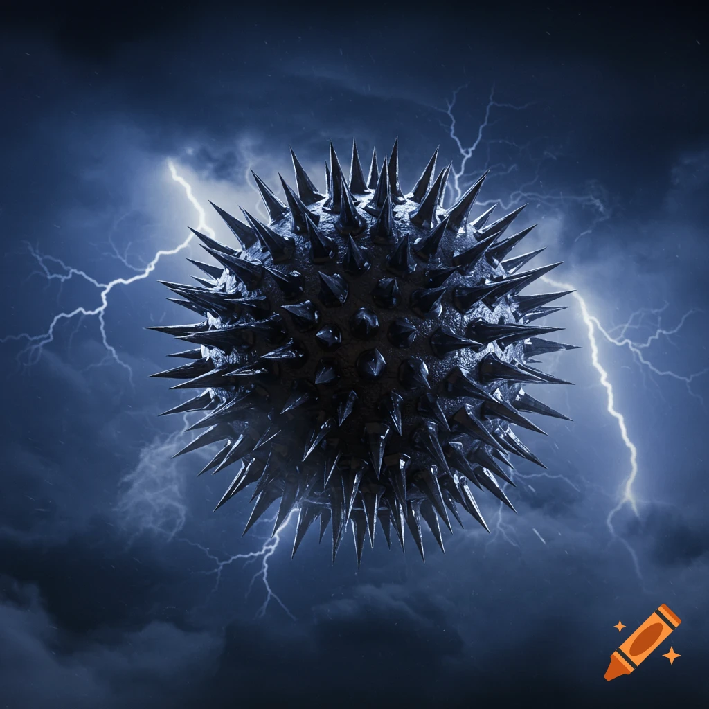 A dark, spiky sphere floats ominously against a backdrop of a stormy, lightning-filled sky.