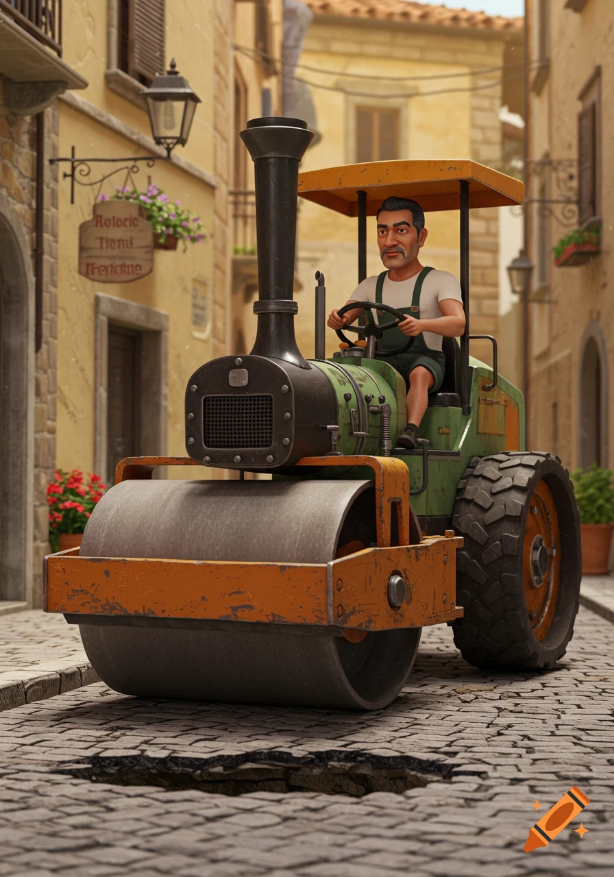 A cartoonish man in green overalls drives a steamroller on a cobblestone street with a pothole in an old European town.