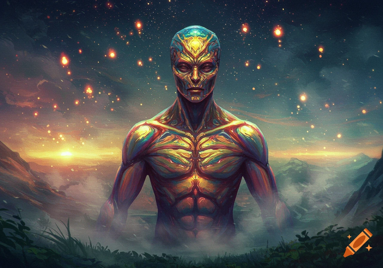 A colorful, alien-like figure with intricate patterns on its skin stands in a misty, cosmic landscape with glowing orbs.