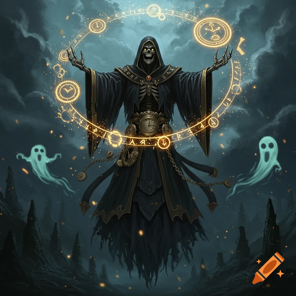 A skeleton necromancer in black robes casts magic, surrounded by glowing clock motifs and two small ghosts, in a dark, atmospheric fantasy setting.