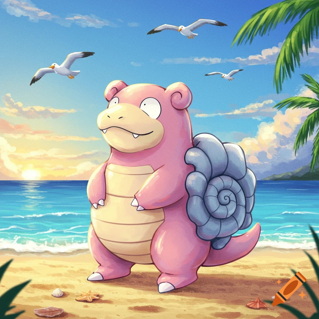 A pink Slowbro stands on a sandy beach with seashells, looking out at the blue ocean under a bright sky with seagulls and palm trees.