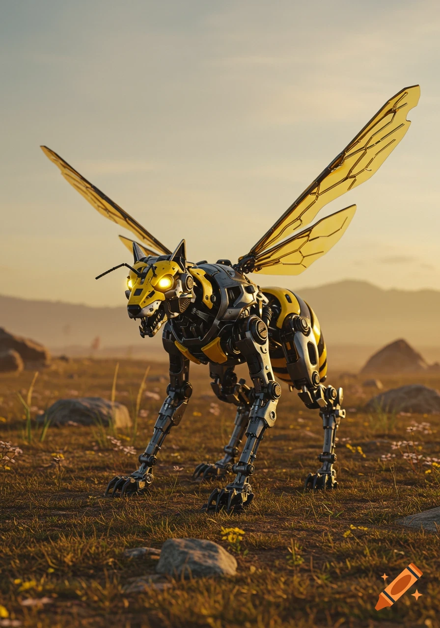 A detailed, photorealistic robotic wolf-bee hybrid with yellow and black parts stands in a grassy field at sunset.