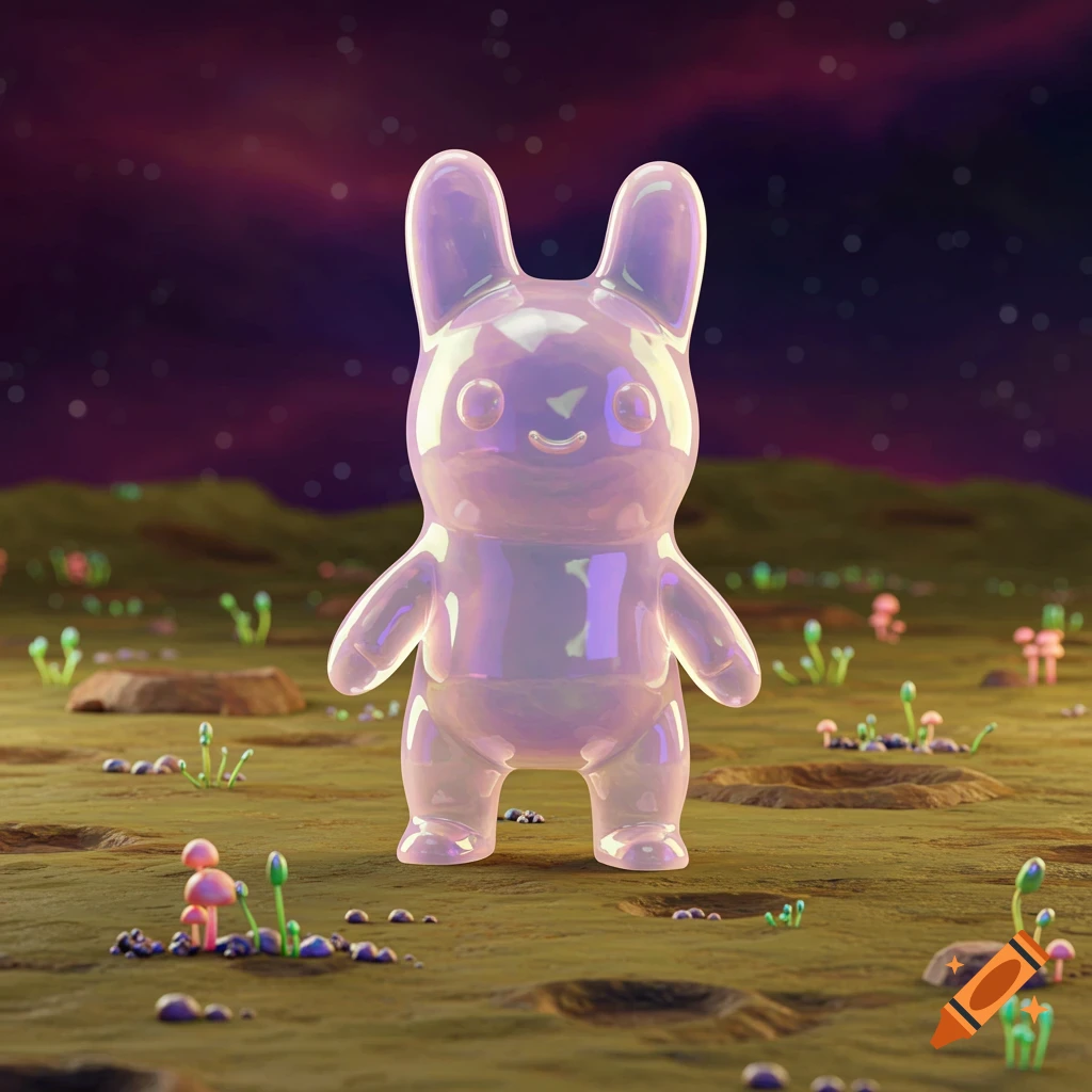 An iridescent pink jelly rabbit stands on a muddy alien planet under a starry purple sky with glowing plants.
